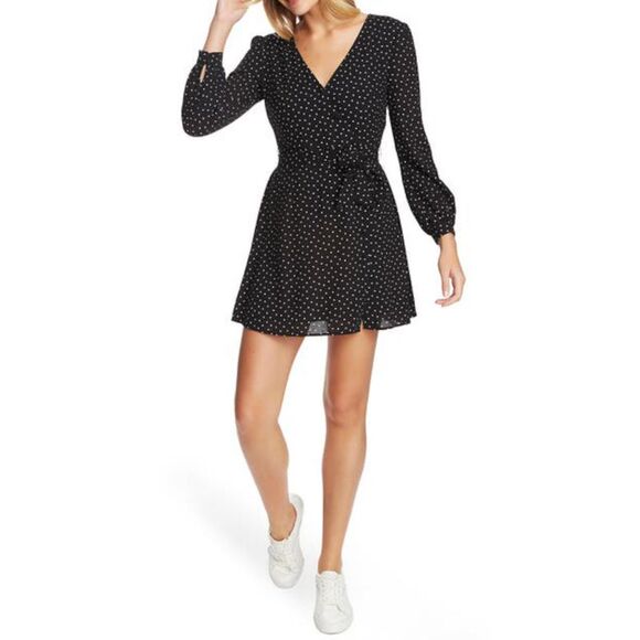 1. STATE Dresses & Skirts - 1. STATE Womens Black Cuffed Sleeve Surplice Neckline Mini Faux Wrap Dress 6
